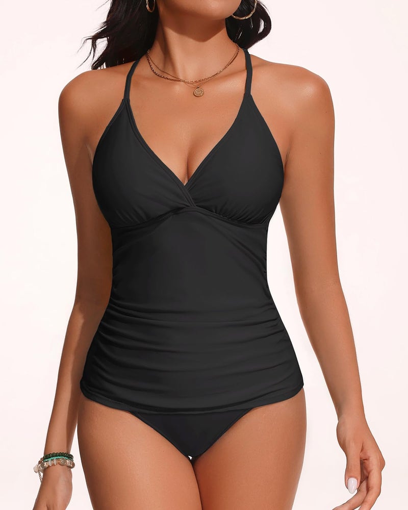 Holipick Women Solid Black Tummy Control Two Piece Tankini Set Swimsuit V Neck Tankini Top Bathing Suits with Bikini Bottom XL(US 16) - Image 4